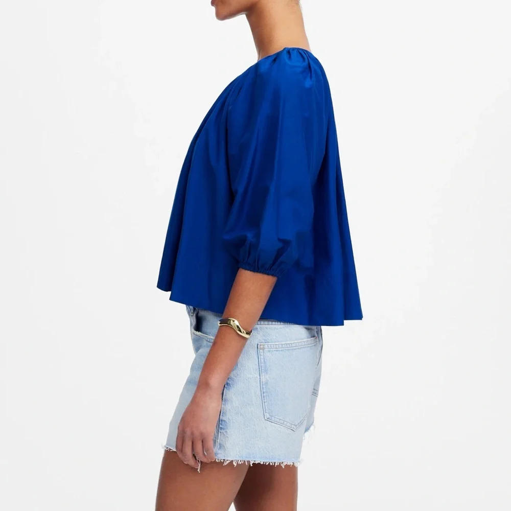 NWT Madewell Shirred Puff-Sleeve Top in Cotton-Silk Voile in Bright Sapphire